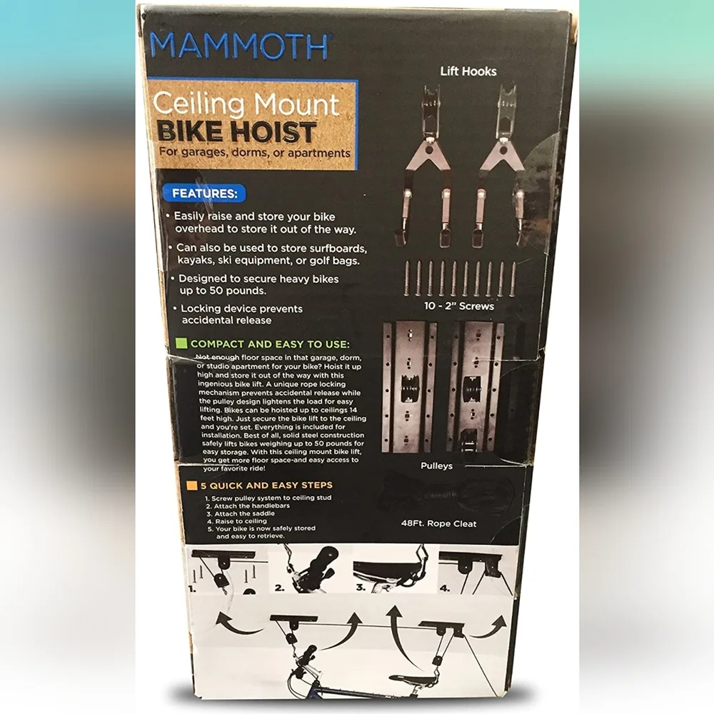 CEILING MOUNT BIKE HOIST MAMMOTH  for your garage, dorm. or apartment